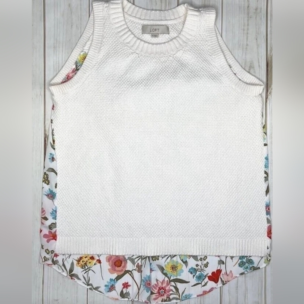 LOFT White Sleeveless Knit Sweater with floral back SMALL